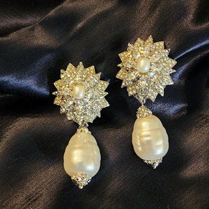 BARRERA Rhinestone and Pearl Drop Earrings NWT Nieman Marcus